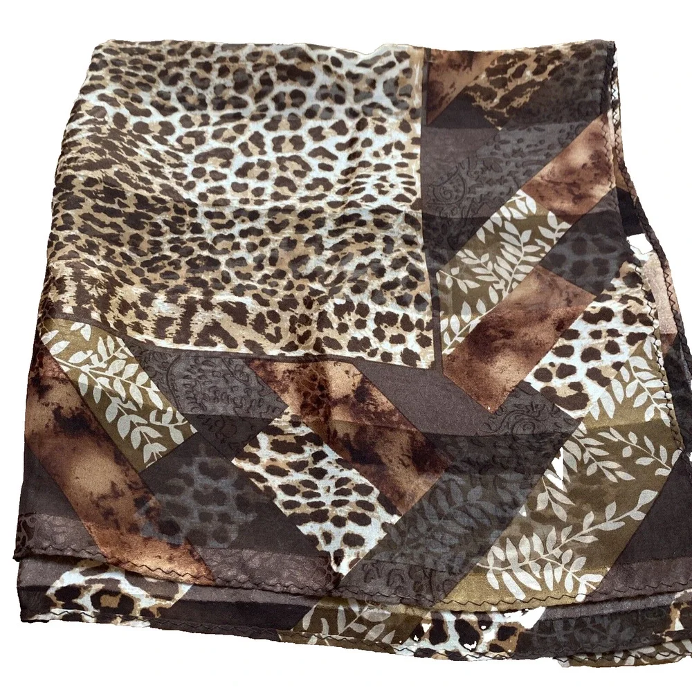 Silky Animal Print Scarf Square Bandana Neckerchief Burnout Stripes Brown Tan